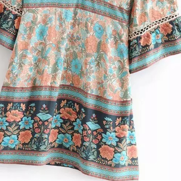 Kimono Sleeve Boho Floral Gypsy Print Dress V Neck - Picture 4 of 4